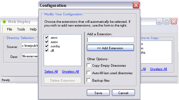 The configuration dialog for WebDeploy
