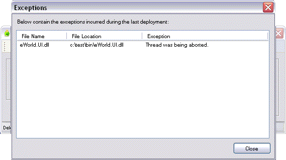 File Transfer Exceptions dialog for WebDeploy