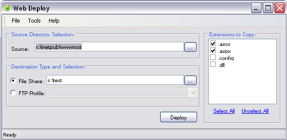 Main form of WebDeploy showing new UI